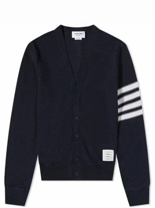 4 Bar Open Raschel Stitch V Neck Cardigan Navy - THOM BROWNE - BALAAN 2