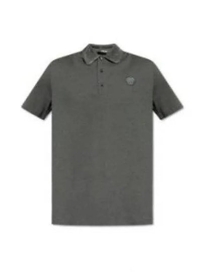 Men's Greca Embroidered Logo Short Sleeve Polo Shirt Grey - VERSACE - BALAAN 2