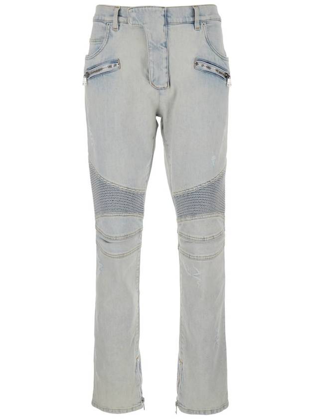 Light Blue Skinny Jeans With Logo Patch And Ribbed Knees In Stretch Cotton Denim Woman - BALMAIN - BALAAN 1