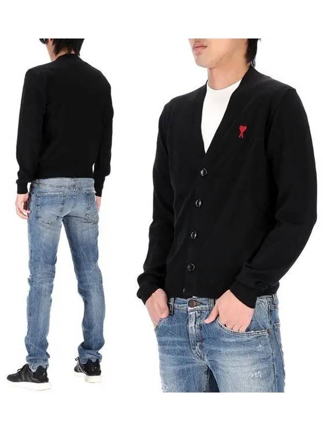 Red Heart Logo Merino Wool Cardigan Black - AMI - BALAAN 2