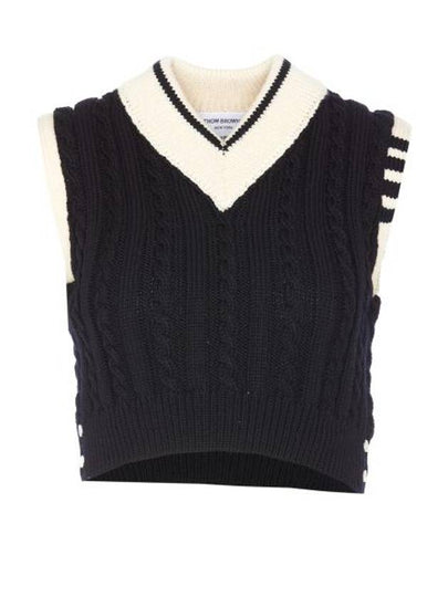 Classic Cable 4 Bar V Neck Vest Navy - THOM BROWNE - BALAAN 2