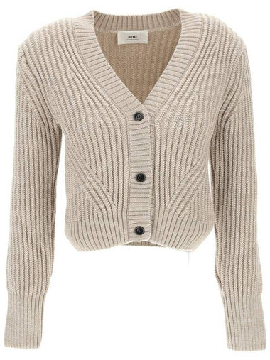 V-neck Ribbed Wool Crop Cardigan Beige - AMI - BALAAN 1