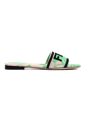 Rose Print Embroidered Logo Canvas Slide Slippers Green - FENDI - BALAAN 1