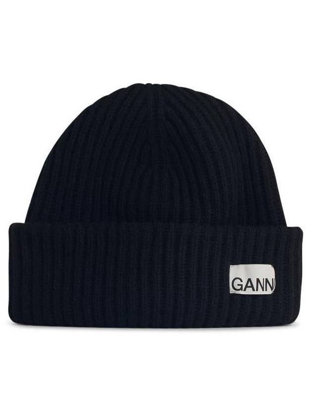 Logo Patch Knit Beanie Black - GANNI - BALAAN 2