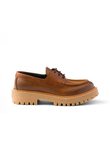 Laced Leather Loafers Cognac - PRADA - BALAAN 1