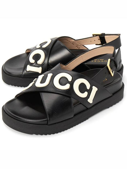 Women's Logo Leather Sandals Black - GUCCI - BALAAN 2