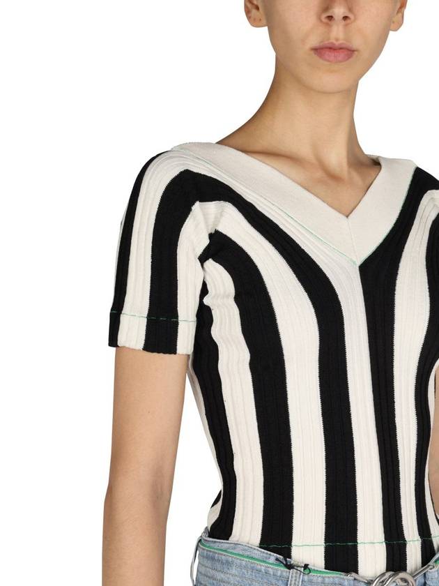 Striped V-neck Short Sleeve Knit Top - BOTTEGA VENETA - BALAAN 5