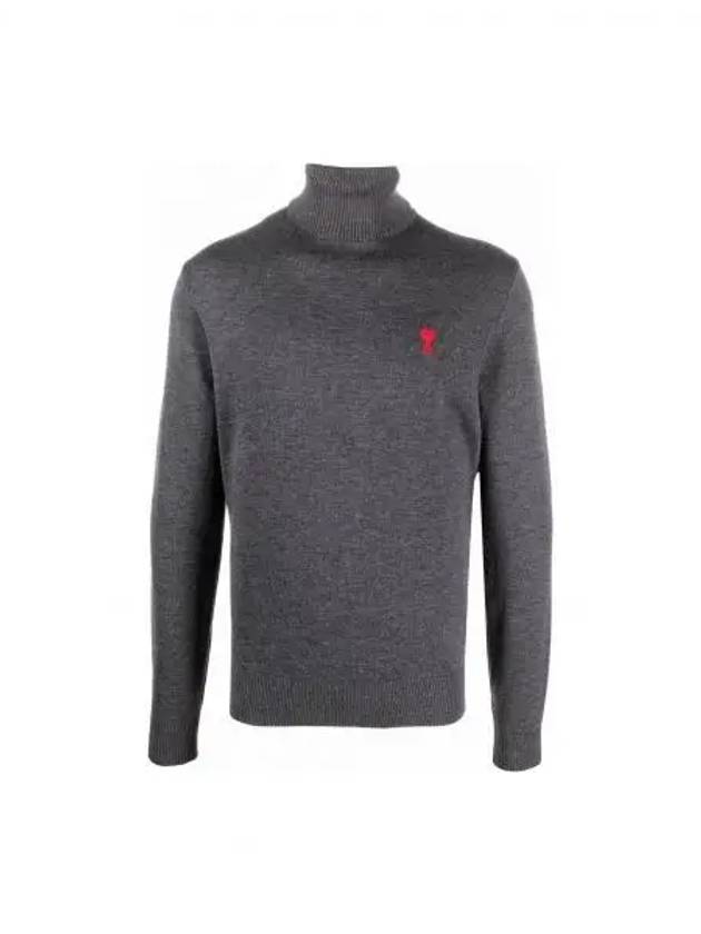 Small Heart Logo Extrafine Merino Wool Turtleneck Heather Grey - AMI - BALAAN 2