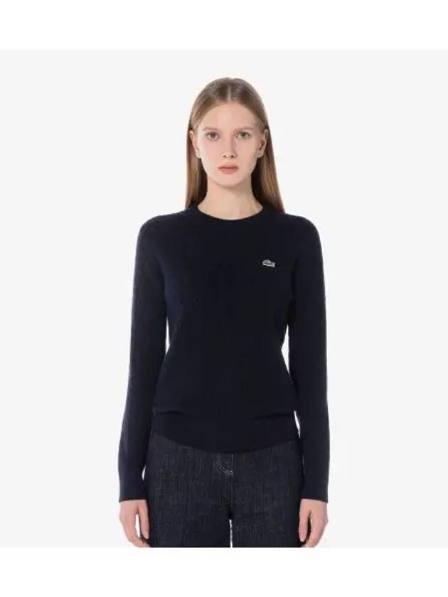 Women s Cable Crew Neck Sweater Navy - LACOSTE - BALAAN 1