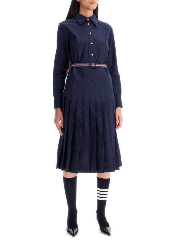 Stripe Flannel Pleated Bottom Belted Cotton Midi Dress Navy - THOM BROWNE - BALAAN 7