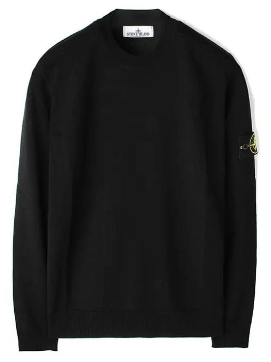 Logo Patch Crewneck Virgin Wool Knit Top Black - STONE ISLAND - BALAAN 2