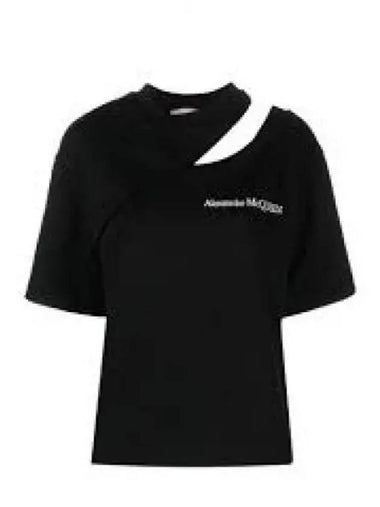 Embroidery Logo Cut-Out Short Sleeve T-Shirt Black - ALEXANDER MCQUEEN - BALAAN 1