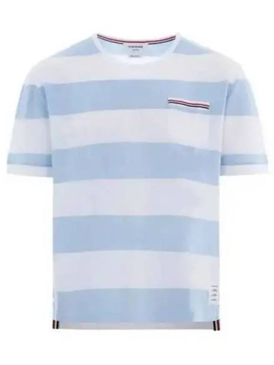 Men's Rugby Striped Pick Pocket Short Sleeve T-Shirt Light Blue White - THOM BROWNE - BALAAN 2