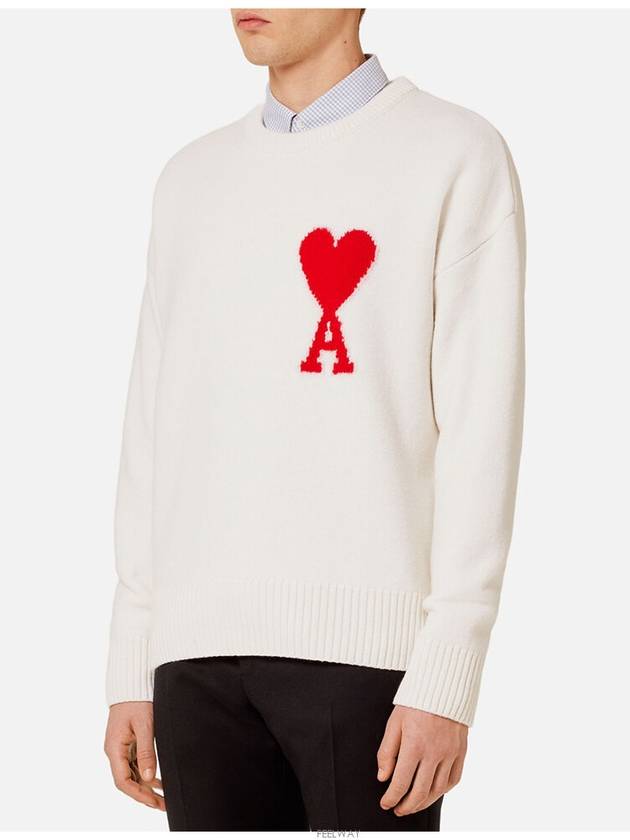 Big Heart Logo Oversized Intarsia Knit Top White - AMI - BALAAN 3