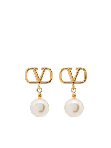 V Logo Pearl Drop Earrings Gold - VALENTINO - BALAAN 1