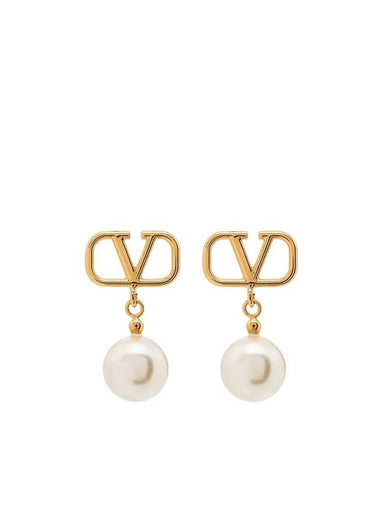 V Logo Pearl Drop Earrings Gold - VALENTINO - BALAAN 1