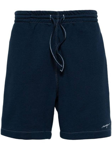 Embroidered Logo Cotton Track Shorts Navy - MSGM - BALAAN 1