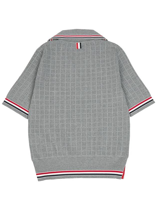 Grid Stitch Pointel Stripe Keyhole Short Sleeve Polo Shirt Grey - THOM BROWNE - BALAAN 3