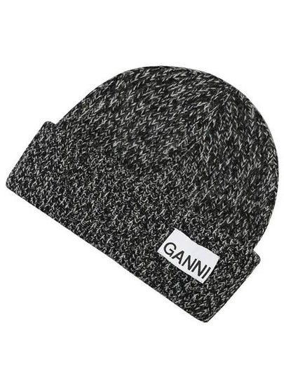 Logo Patch Ribbed Knit Beanie Black - GANNI - BALAAN 2