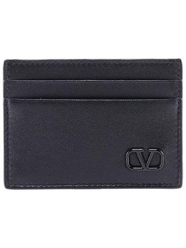 V Logo Signature Calfskin Card Wallet Black - VALENTINO - BALAAN 1