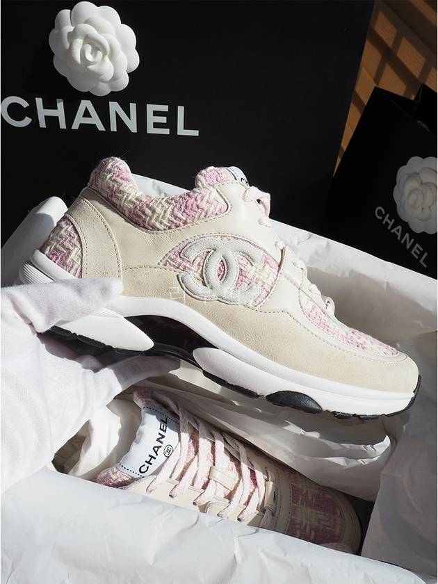 CHANEL CC Logo Cotton Tweed Suede Calfskin Low Top Sneakers Pink Ecru Up to 80 Off at BALAAN