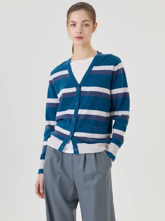 Cashmere Wool Coco Stripe Cardigan Blue - RS9SEOUL - BALAAN 1