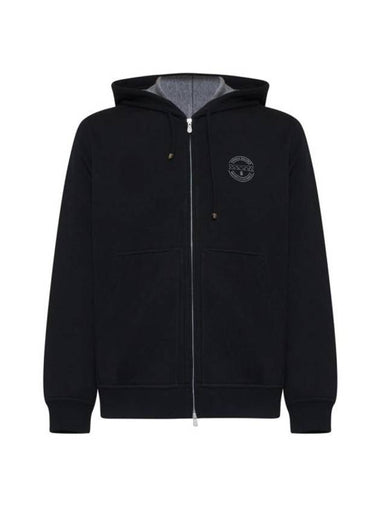 Logo Print Double Fleece Zip Up Hoodie Black - BRUNELLO CUCINELLI - BALAAN 1