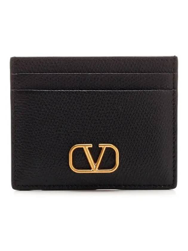 V Logo Signature Grainy Calfskin Card Wallet Black - VALENTINO - BALAAN 2