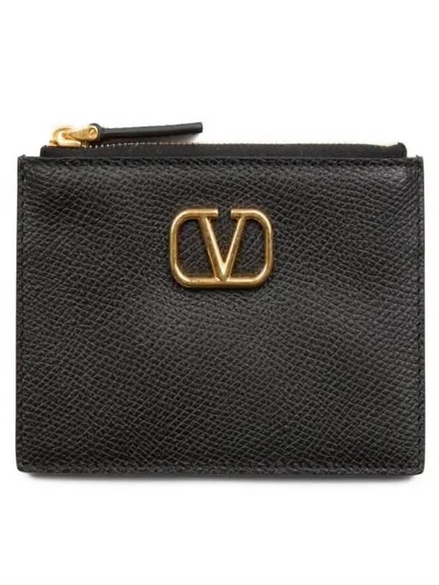 V Logo Zipper Card Wallet Black - VALENTINO - BALAAN 2