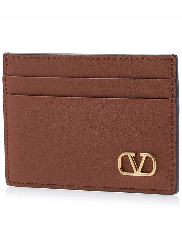 V Logo Signature Leather Card Wallet Brown - VALENTINO - BALAAN 3