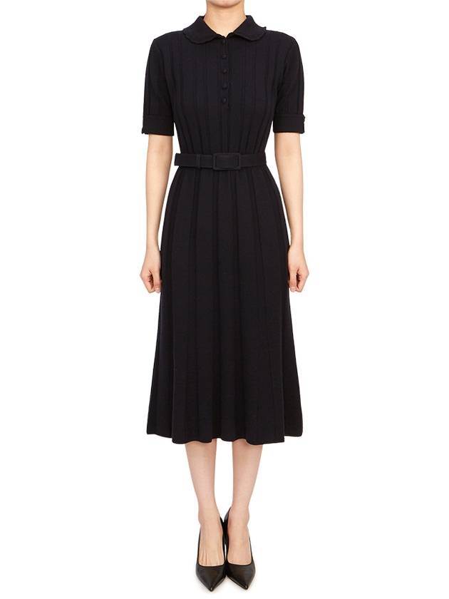 Wide Ribbed Wool Midi Dress Navy - THOM BROWNE - BALAAN 2