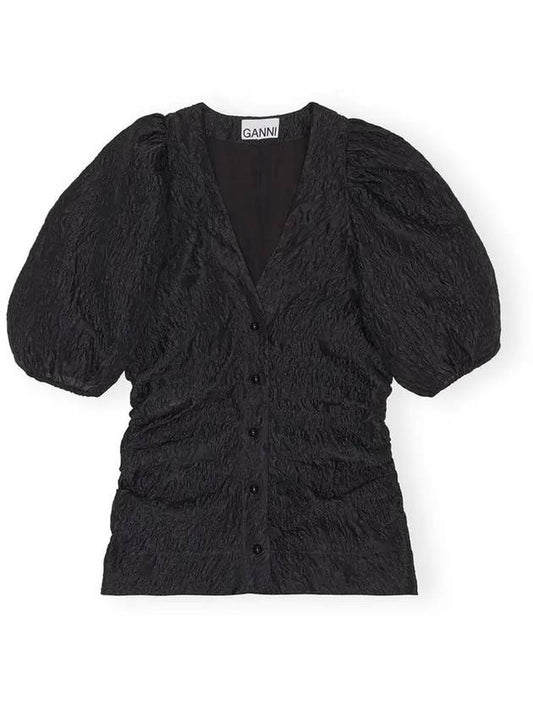 Women's Jacquard V-neck Puff Sleeve Blouse Black - GANNI - BALAAN 1