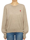 Heart Logo Crew Neck Merino Wool Knit Top Champagne - AMI - BALAAN 2