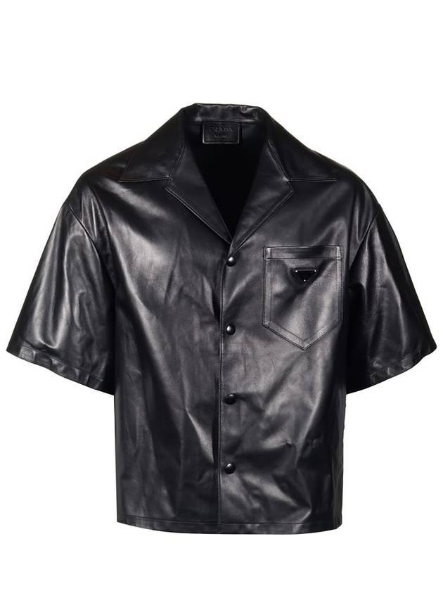 Men's Nappa Leather Short Sleeve Shirt Black - PRADA - BALAAN.