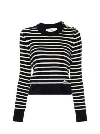 Button Detail Striped Knit Top Navy - AMI - BALAAN 2