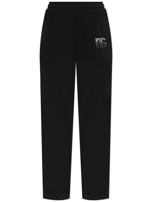 Dolce & Gabbana Sweatpants With Logo Finished With Shimmering Crystals, Women's, Black - DOLCE&GABBANA - BALAAN 1