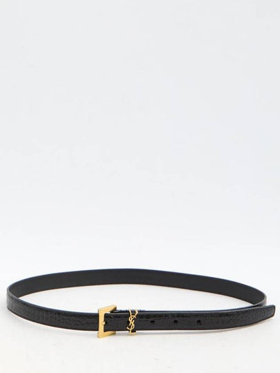 Monogram Square Buckle Crocadile Embossed Thin Leather Belt Black - SAINT LAURENT - BALAAN 2