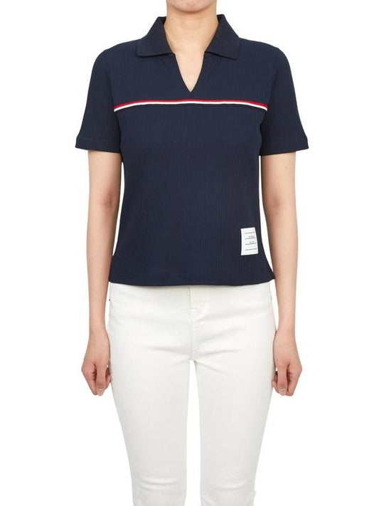 Three Stripes High Twist Rib Polo Shirt Navy - THOM BROWNE - BALAAN 2