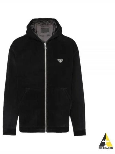 Triangle Logo Cotton Velvet Zip Up Hoodie Black - PRADA - BALAAN 2