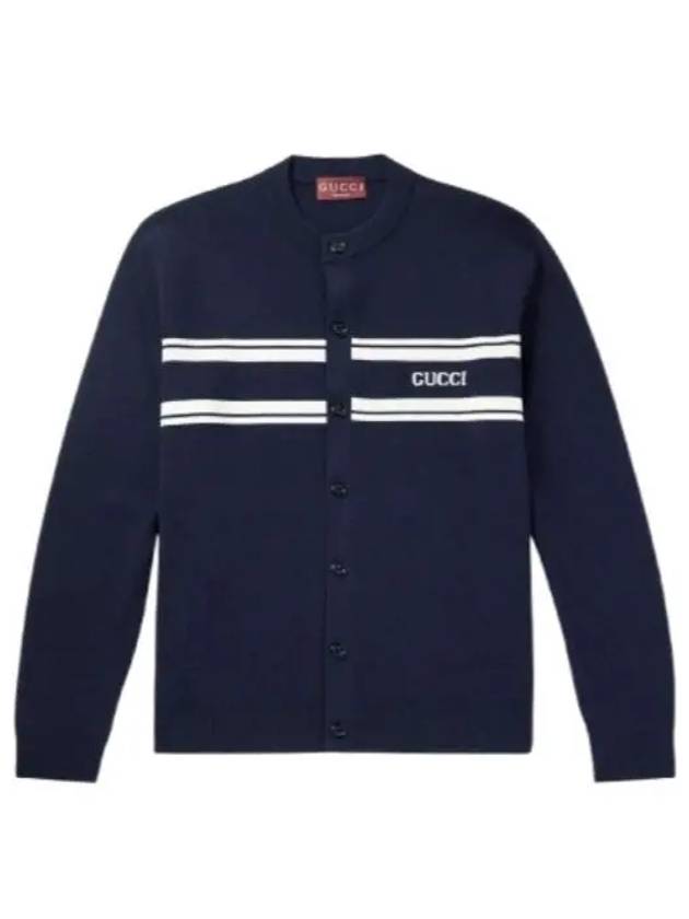 Striped Logo Crew Neck Wool Cashmere Cardigan Navy - GUCCI - BALAAN 2