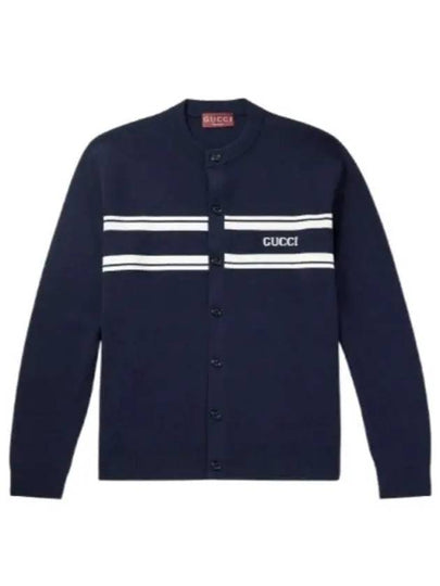 Striped Logo Crew Neck Wool Cashmere Cardigan Navy - GUCCI - BALAAN 2