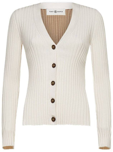 Women's Color Block Ribbed Wool V-Neck Cardigan Beige - TORY BURCH - BALAAN 1