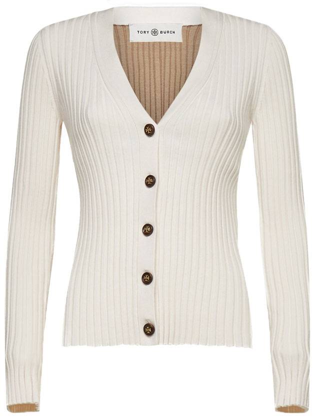 Women's Color Block Ribbed Wool V-Neck Cardigan Beige - TORY BURCH - BALAAN 1