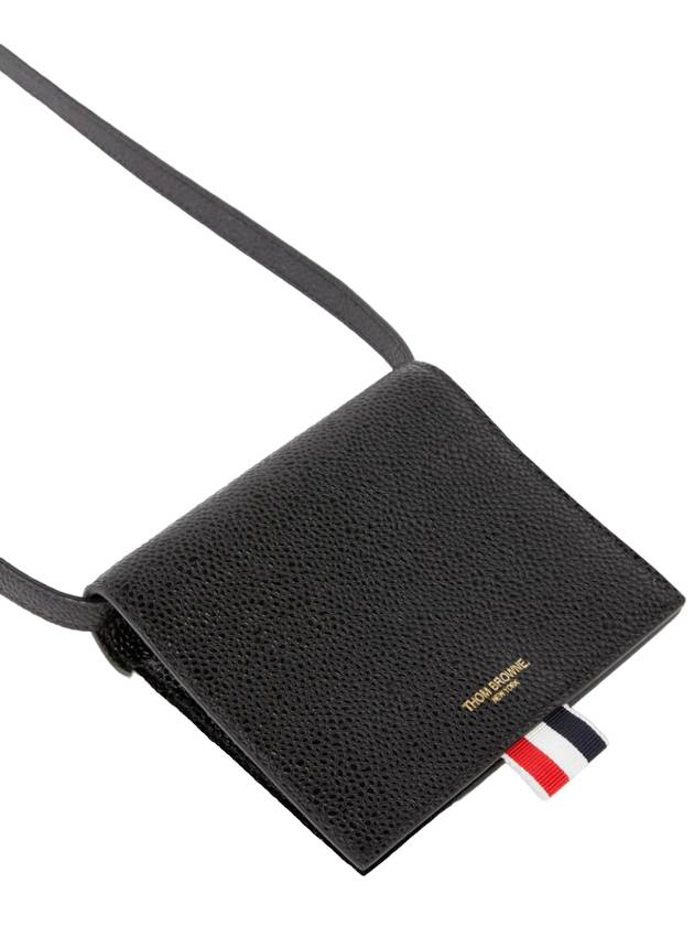 Pebble Calfskin Leather Card Holder With Strap Black - THOM BROWNE - BALAAN 5