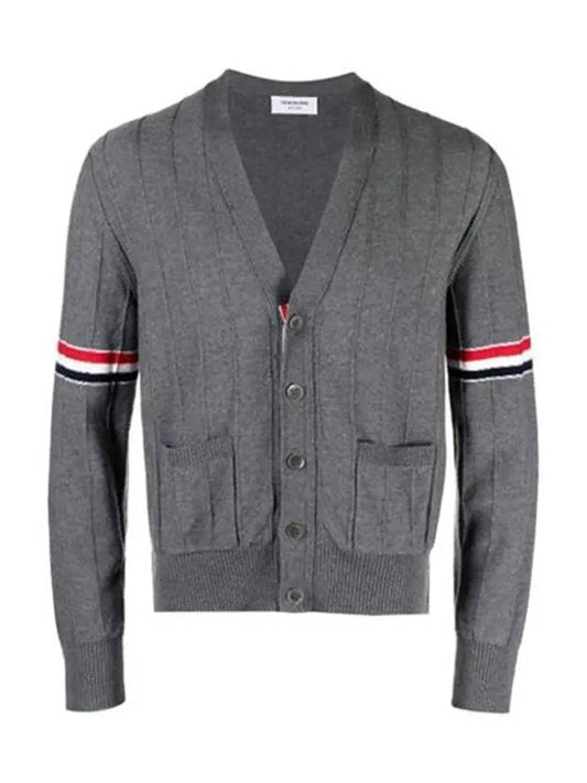 RWB V-neck Striped Virgin Wool Cardigan Grey - THOM BROWNE - BALAAN 2