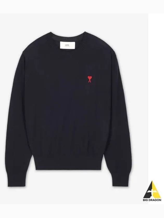 Heart Embroidered Logo Crew Neck Knit Top Navy - AMI - BALAAN 2