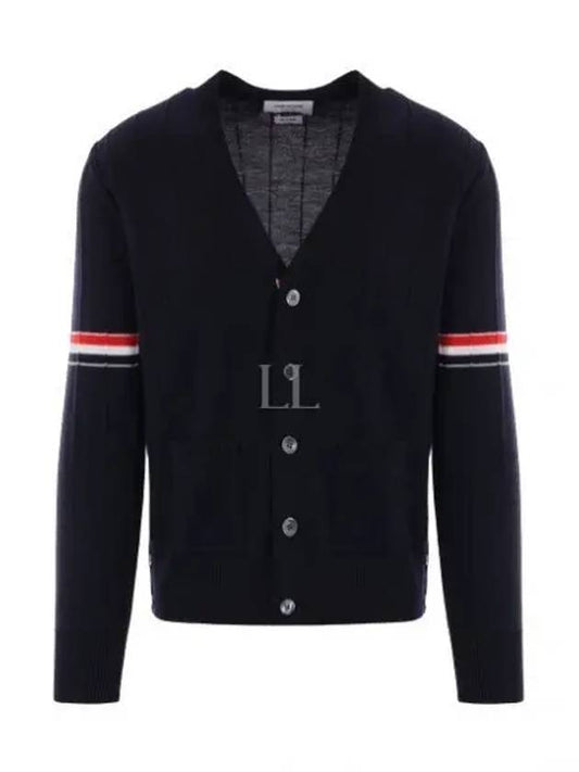 RWB V-neck Striped Virgin Wool Cardigan Navy - THOM BROWNE - BALAAN 2