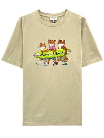 Surfing Foxes Logo Print Short Sleeve T-Shirt Beige - MAISON KITSUNE - BALAAN 2