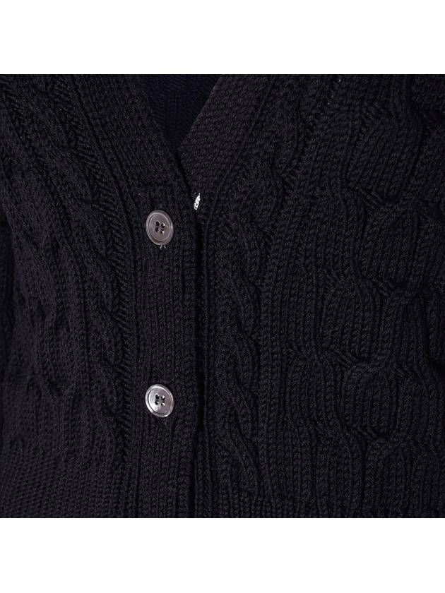 Merino Wool Crisscross Cable Stitch 3/4 Sleeve V-Neck Cardigan Navy - THOM BROWNE - BALAAN 4