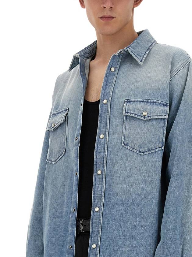 Oversized Denim Long Sleeve Shirt Blue - SAINT LAURENT - BALAAN 5